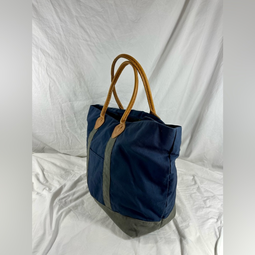 Genuine LL BEAN  Boat & Tote Bag Full Grain Leather Handles vintage Blue Green - Picture 12 of 13